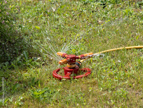 A red sprinkler is on the grass