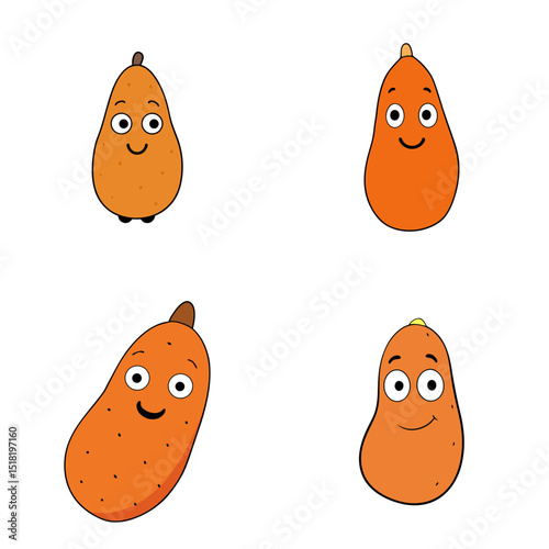 Four cartoon potatoes with smiling faces and different poses on a white isolated background for design use
