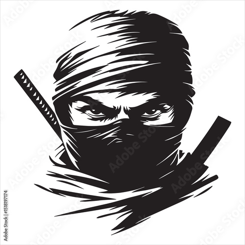 Fierce ninja warrior face in shadow with katana sword and black mask vector illustration