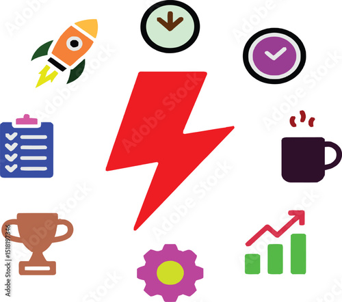 Black icons in a circle around a lightning bolt on a gray background representing productivity and efficiency