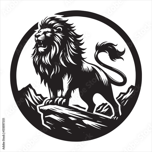 Majestic lion silhouette roaring proudly on a rock in a circular black and white design
