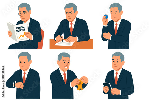 Flat vector illustration of a CEO in six emotional work scenarios with varied actions on a white background