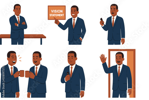  CEO character standing at table pointing at vision presenting laughing nodding waving vector art