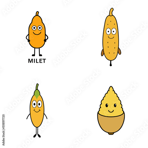 Collection of four cartoon millet characters with different shapes and expressions standing on white