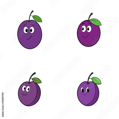 Four cartoon plums with faces and leaves arranged in a square on a white background illustration