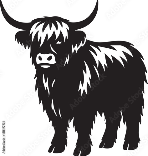Highland cow silhouette bold black and white, Furry cattle headstrong minimal sketch