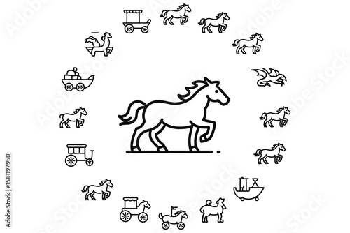 Vintage cartoon animal vector illustration set for the year of the horse 2014 featuring a horse silhouette and other farm mammals
