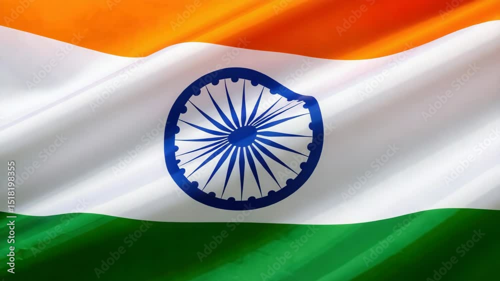 National flag of india rippling, displaying vibrant saffron, white stripe with blue ashoka chakra.