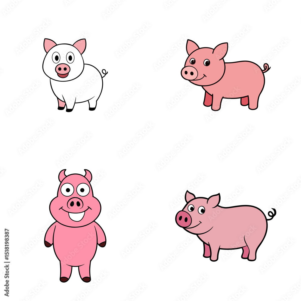 Four cartoon pigs in different styles and poses, two pink and one white, on a white background Four cartoon pigs in different styles and poses, two pink and one white, on a white background