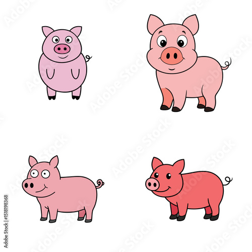 Four cartoon pigs in various poses and shades of pink on a white background in a square arrangement