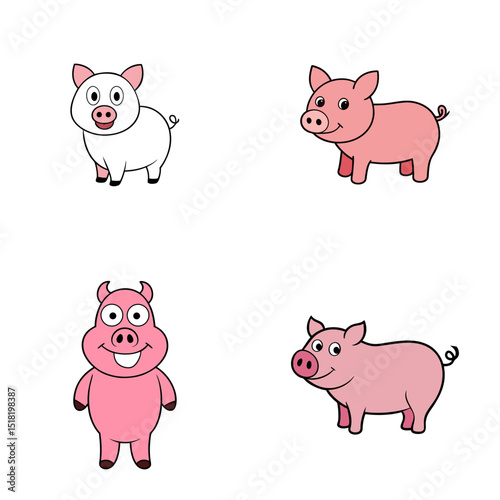Four cartoon pigs in different styles and poses, two pink and one white, on a white background