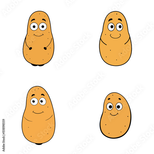 Four cartoon potatoes with eyes and smiles arranged in a square on a white background image style