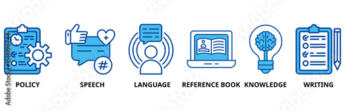 Grammar icon set illustration contain policy, speech, language, reference book, knowledge and writing.