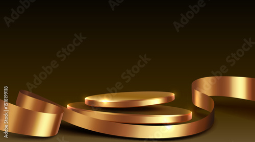 Golden scene ceremonies of the awards. Cylinder podium background ribbons. Product presentation, mock up, show product, Podium, stage pedestal or platform. Vector illustration
