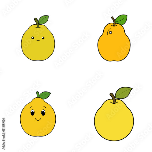 Illustration of four pears with different styles and expressions on a white background art drawing