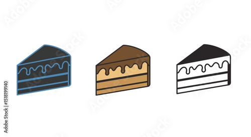 Three cake slices with chocolate drizzle isolated on white background in color, monochrome and line art styles