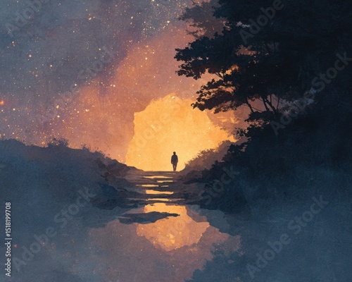 radiant soul journey art concept Serene Pathway Through a Mystical Landscape at Twilight spiritual transformation glowing path abstract soul light illustration