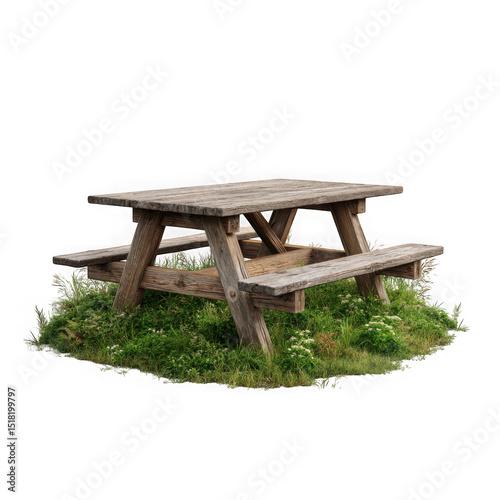 Rustic wooden picnic table isolated on transparent background