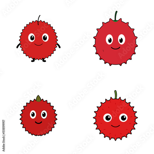Four cartoon rambutan fruits with cute faces and different poses on a white background illustration