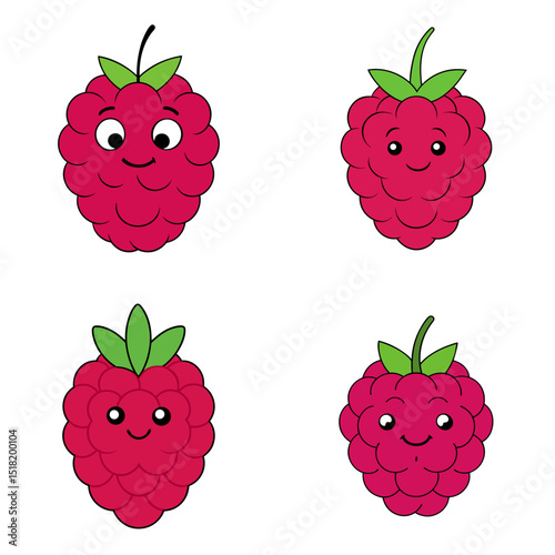 Four cartoon raspberries with faces and green leaves isolated on a white background in a square format