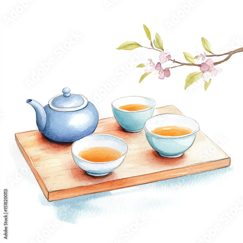Watercolor Green Tea Set on Wooden Tray