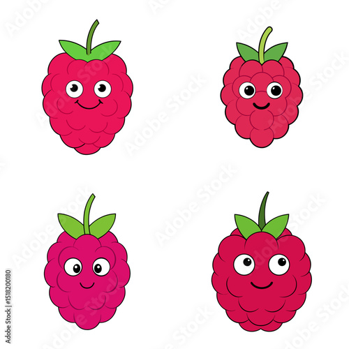 Four cartoon raspberries with happy faces and green leaves on a white background illustration art