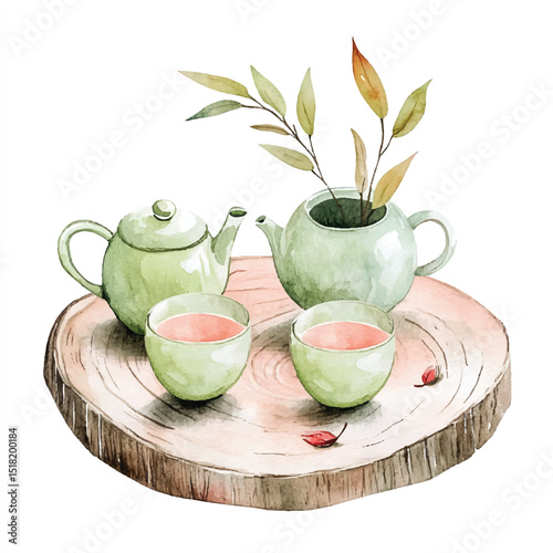 Watercolor Green Tea Set on Wooden Tray