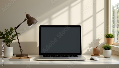 a minimalist desktop supporting a laptop bathed in soft ivory tones, the setup suggests focused research and development, the entire position is relegated to the bottom third of the frame