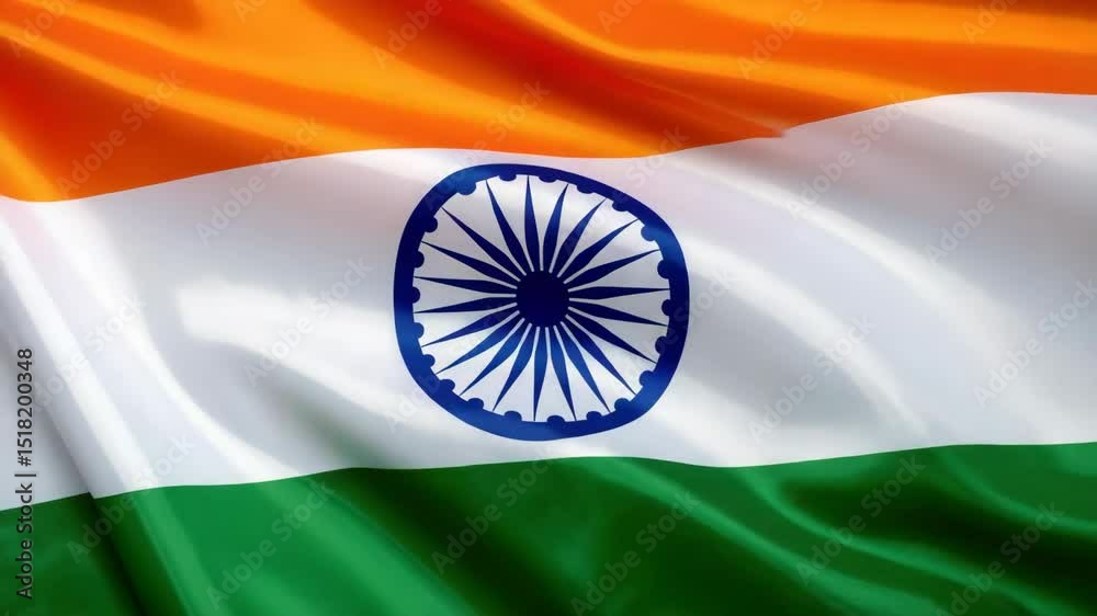 Close up view of the national flag of india waving, with vibrant saffron, white, and green colors.