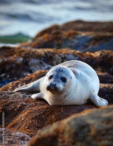 baby seal lying on a rocky shore photo