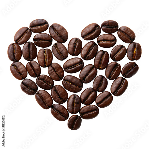 A heart-shaped arrangement of roasted coffee beans isolated on transparent background