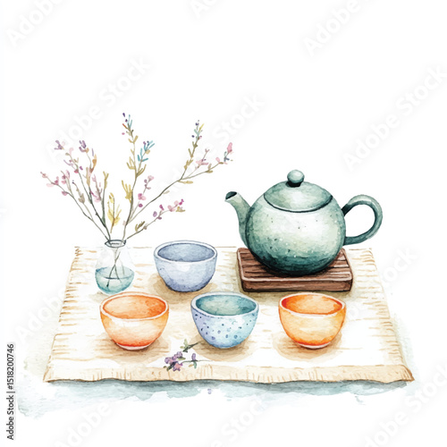Watercolor Green Tea Set on Wooden Tray