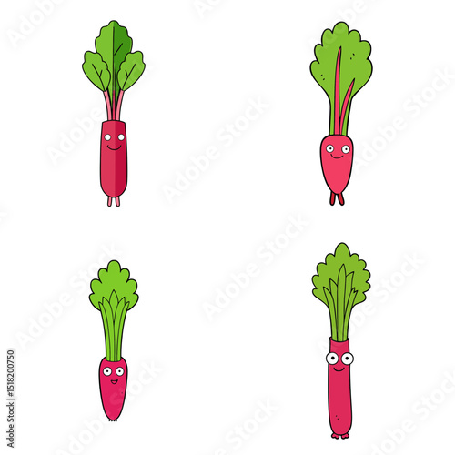 Four cartoon beets with different facial expressions and leaf styles on a white background are displayed