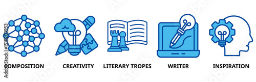 Creative writing icon set illustration contain composition, creativity, literary tropes, writer and inspiration.