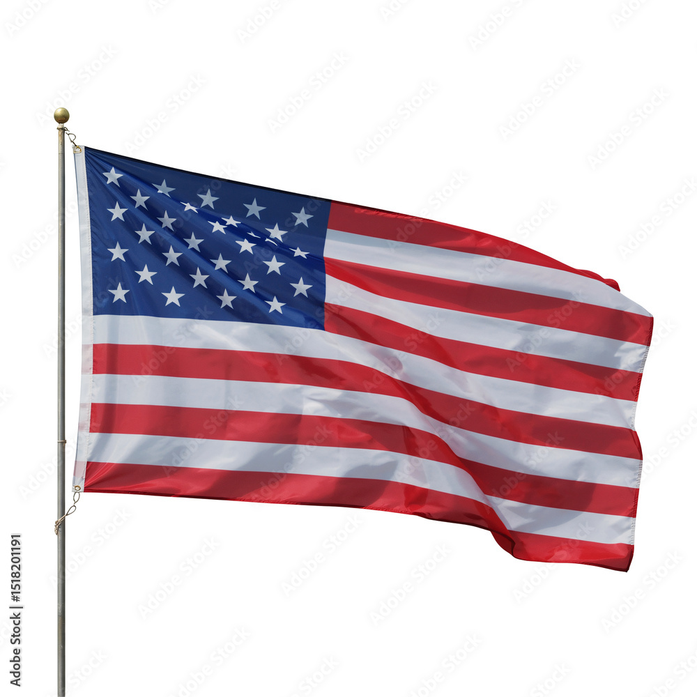 Fototapeta premium Waving American flag isolated on transparent background symbolizing patriotism, freedom, and United States pride.