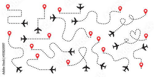 set of plane with dash path, journey flight concept, curve line and gps pin, isolated on white background, eps 10 vector illustration
