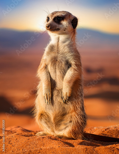 meerkat standing upright in the desert   photo
