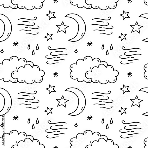 Cute seamless pattern with weather elements - clouds, rain, wind, moon and stars. Vector hand-drawn doodle illustration. Perfect for print, wallpaper, decorations.