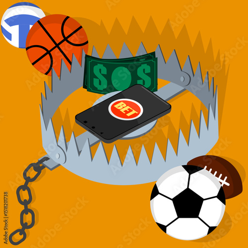 Sports betting trap with smartphone, money, and sports balls