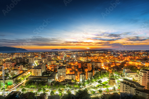 Albania, Vlore Vlora, cityscape seen from Kuzum Baba hill. Aerial city view, city panorama of Vlore and Sazan Island
