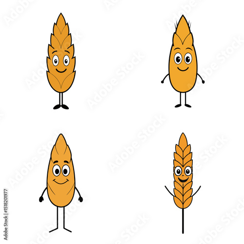Cartoon illustration featuring four anthropomorphic wheat stalks with expressive faces and limbs