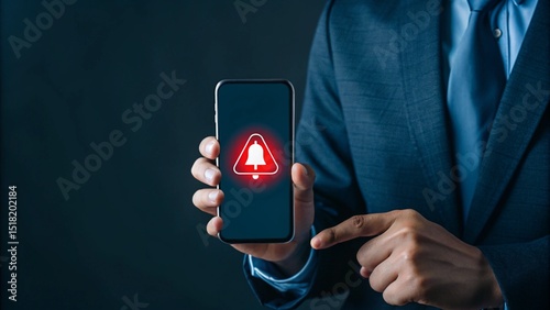 A person is holding a smartphone with a red alert icon displayed prominently on the screen
