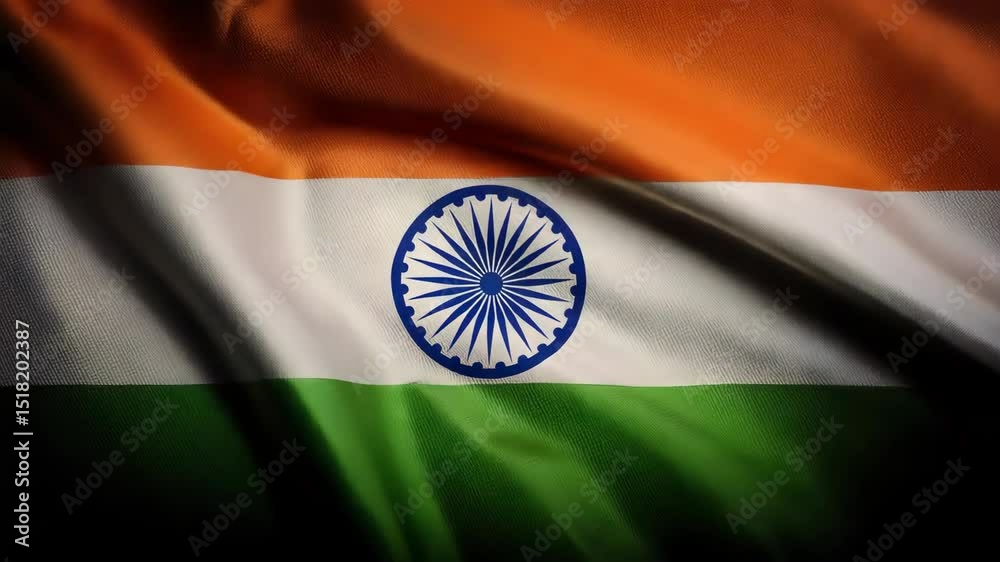 Indian flag billowing, displaying saffron, white, green stripes and central navy blue ashoka chakra.