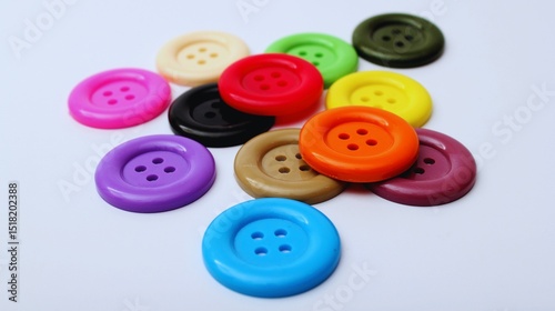 A vibrant collection of colorful round plastic sewing buttons on a white background