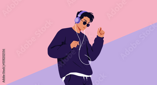 Young asian man dancing with headphones and sunglasses on pastel background