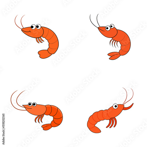 Four cartoon orange shrimps with big eyes and long antennae on a white background in a simple illustration