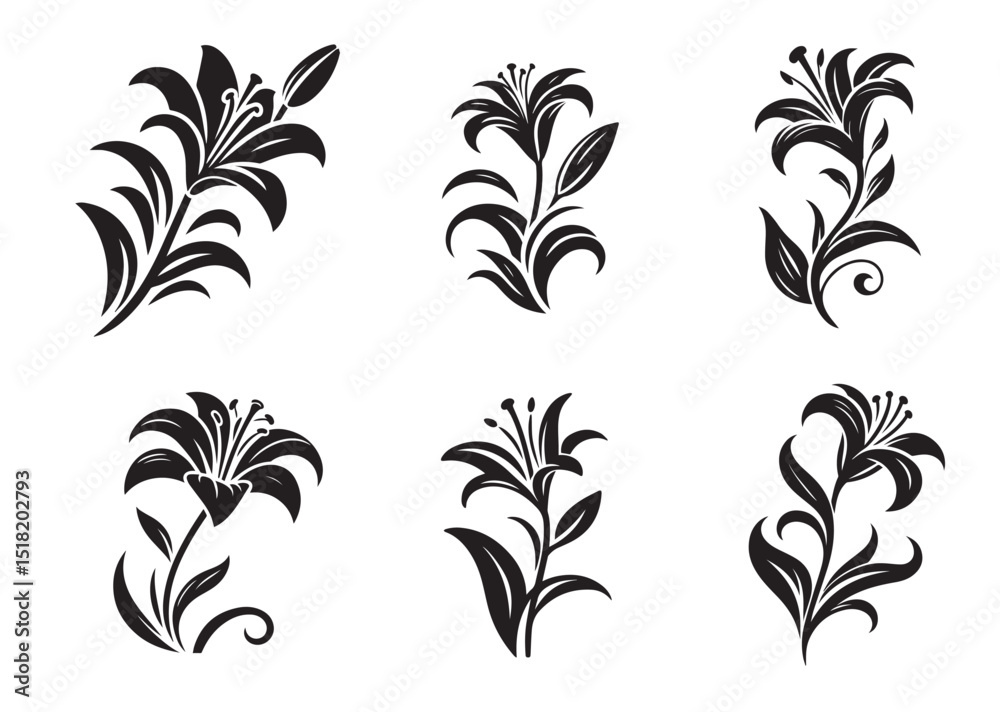 Lily with curved stem and leaves Silhouette Vector Set Lily with curved stem and leaves Silhouette Vector Set
