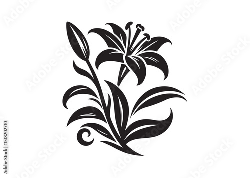 Lily with curved stem and leaves Silhouette Vector