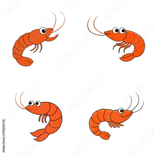 Four cartoon shrimps with big eyes and long antennae arranged on a white background in a square pattern