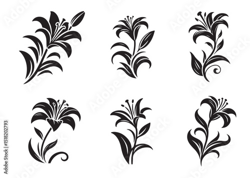 Lily with curved stem and leaves Silhouette Vector Set